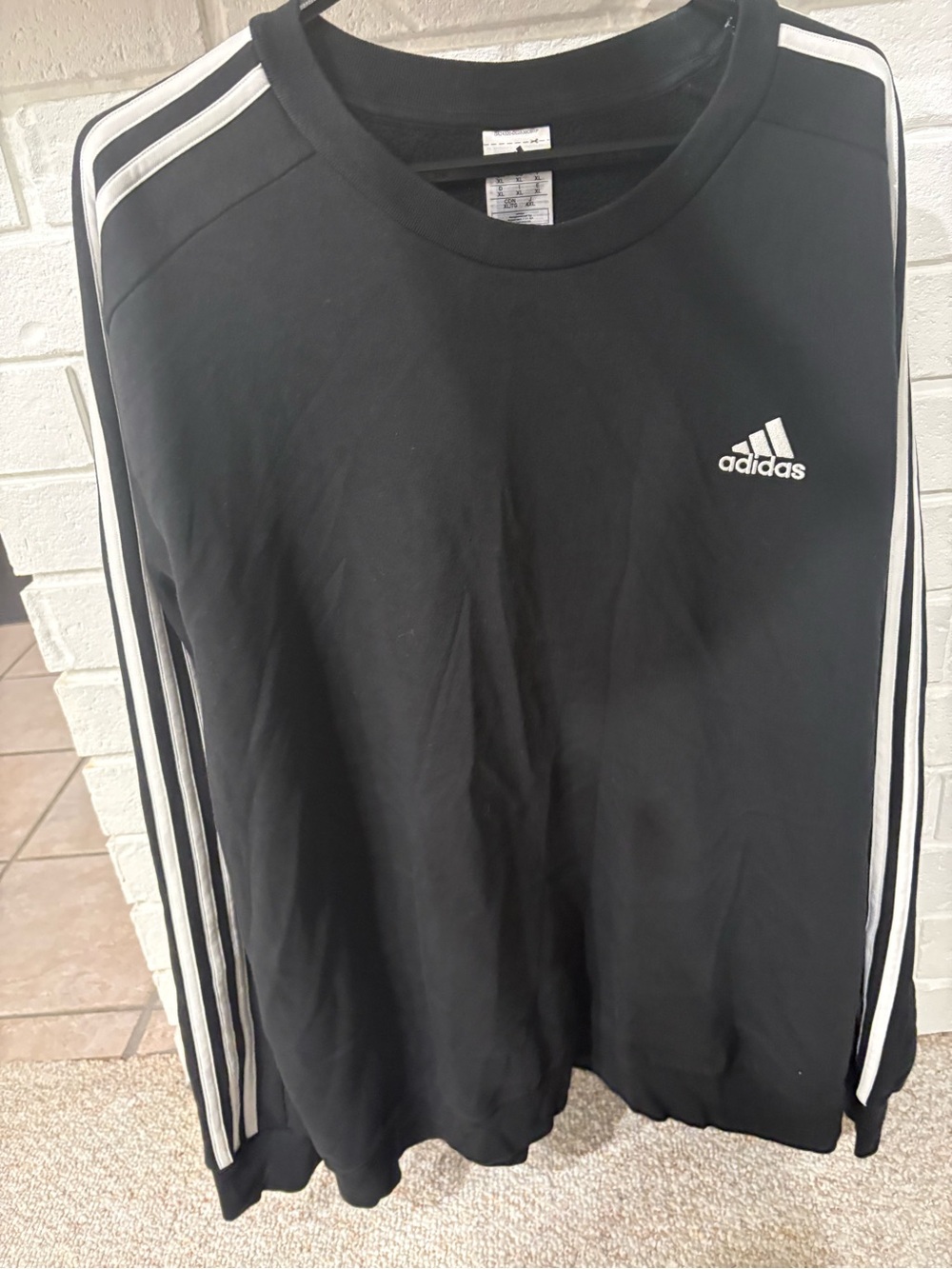 Vintage Adidas Men's Black Long-Sleeve Crew with White 3-Stripes